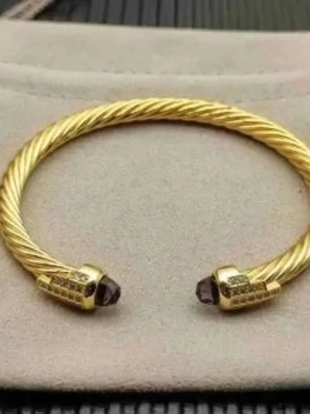 David Yurman 5mm Amethyst & Diamond Gold Cable Cuff Bracelet